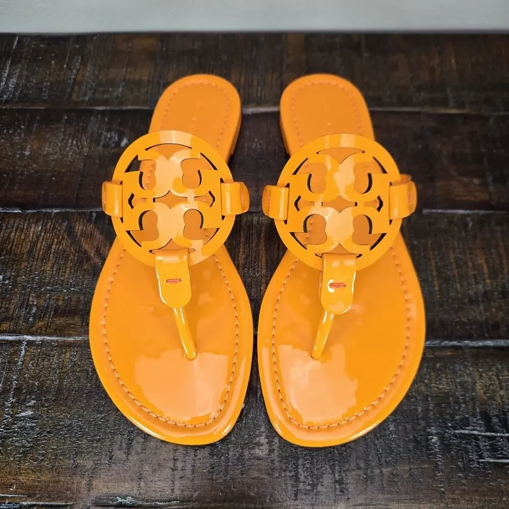 NEW Tory Burch Metal Miller Leather Womens Size 6 Logo Sandal Flip Flops Orange